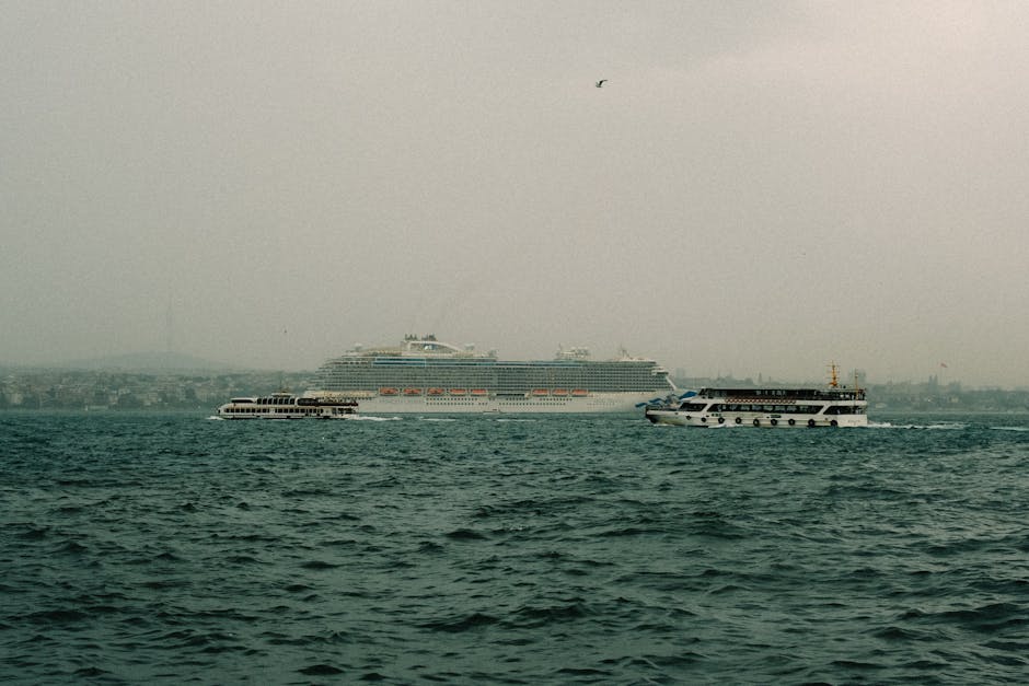 Serene ocean view featuring a large cruise ship and ferry boats under a misty sky.
