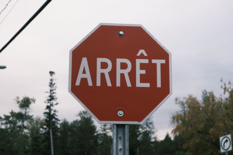 Close-up of a red French stop sign outdoors with trees in the background.